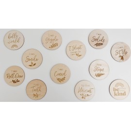 Baby Monthly Milestone Wooden Discs 12 Double Sided (24 Designs) Cards, Hello World Sign, Newborn Photo Props, Welcome Announcement, Hospital Birth Gift, Pregnancy Journey, Age Blocks