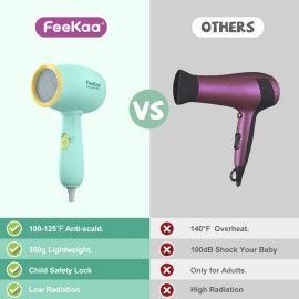 Feekaa Kids Hair Dryer, Low Noise Gentle Heat for Kids Skin, Gift for Children\'s Birthday, Christmas, Yellow-Green