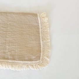 Muslin Cotton Baby Receiving Blanket with Fringe, Boho Bohemian Tassels, Nursery Decor, Boy or Girl Unisex Swaddle Wrap, Use as Throw or Nursing Fringed Blankets (Tan)