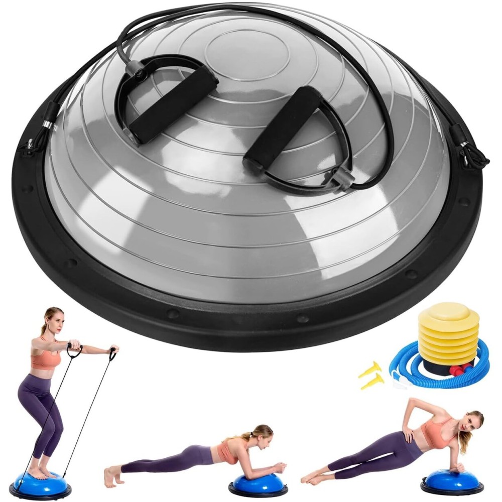 Zealty Half Balance Ball Trainer, Half Yoga Exercise Ball with Resistance Bands and Foot Pump, Balance Trainer for Stability Training, Strength Exercise Fitness, Home Gym Workout Equipment, Grey Zealty Half Balance Ball Trainer, Half Yoga Exercise Ball with Resistance Bands and Foot Pump, Balance Trainer for Stability Training, Strength Exercise Fitness, Home Gym Workout Equipment, Grey