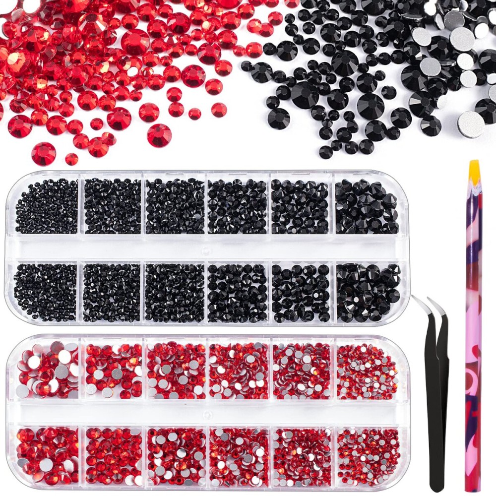 3440PCS 6 Sizes Black and Red Glass Crystal Kit with Pickup Pen + Tweezer Tools for Iridescent Shine Nail Art Manicure Makeup DIY Deco Flatback Round Bead Rhinestone Gem Jewelry Diamond 3440PCS 6 Sizes Black and Red Glass Crystal Kit with Pickup Pen + Tweezer Tools for Iridescent Shine Nail Art Manicure Makeup DIY Deco Flatback Round Bead Rhinestone Gem Jewelry Diamond