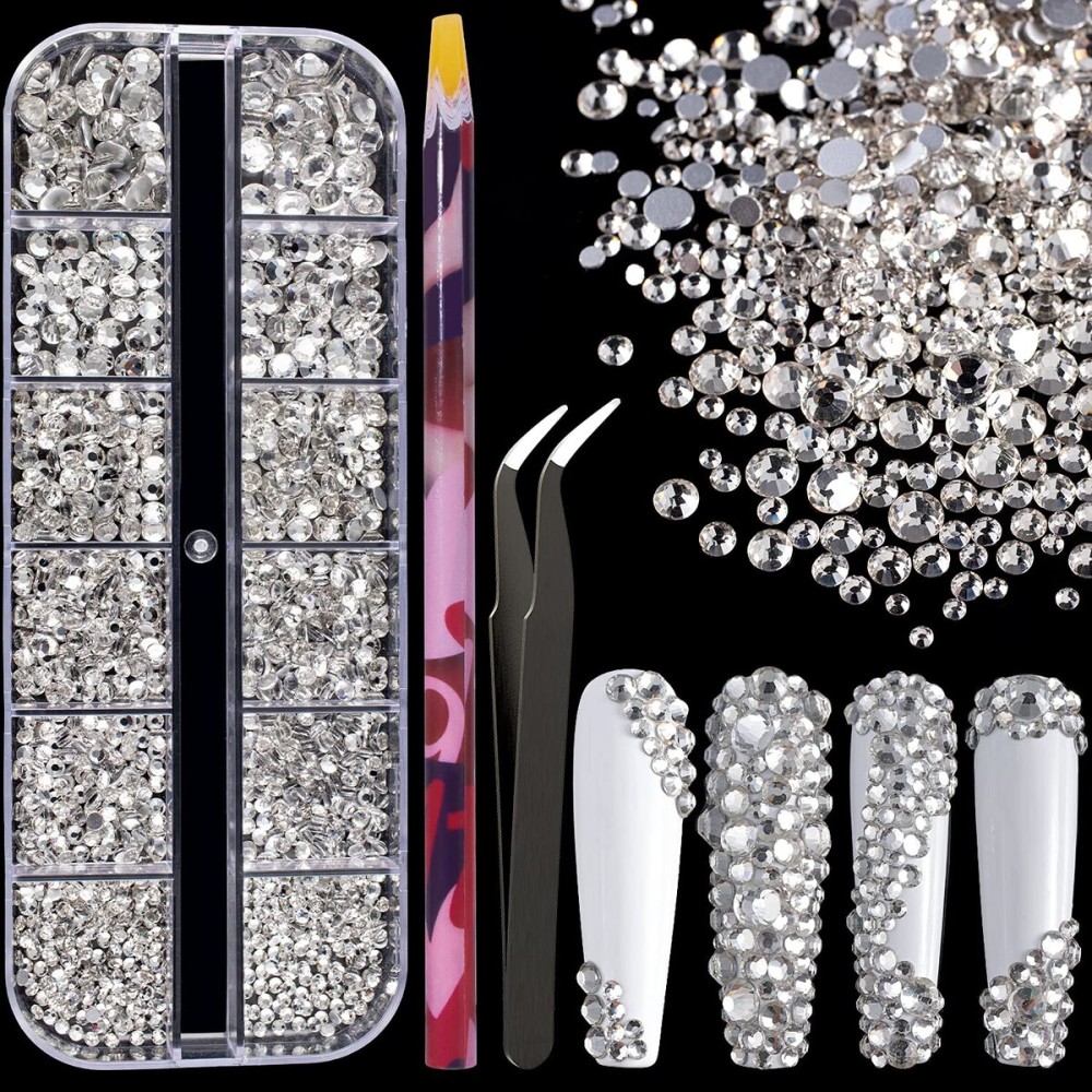 6 Sizes Transparent White Silver Glass Crystal Kit with Pickup Pen + Tweezer Tools for Shine Nail Art Manicure Makeup DIY Decoration Flatback Round Rhinestone Gem Jewelry Diamond 6 Sizes Transparent White Silver Glass Crystal Kit with Pickup Pen + Tweezer Tools for Shine Nail Art Manicure Makeup DIY Decoration Flatback Round Rhinestone Gem Jewelry Diamond