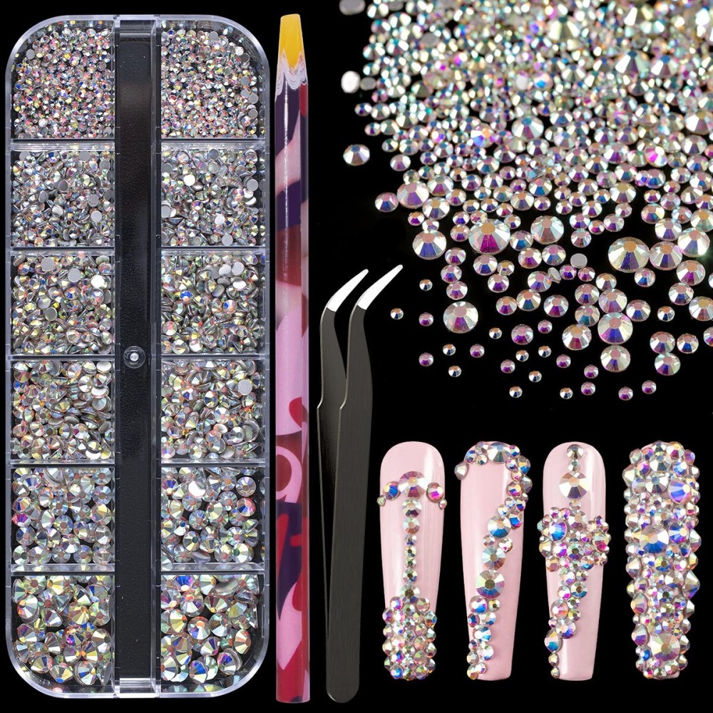 6 Sizes AB Glass Crystal Kit with Pickup Pen + Tweezer Tools for Iridescent Shine Nail Art Manicure Makeup DIY Decoration Flatback Round Rhinestone Gem Jewelry Diamond 6 Sizes AB Glass Crystal Kit with Pickup Pen + Tweezer Tools for Iridescent Shine Nail Art Manicure Makeup DIY Decoration Flatback Round Rhinestone Gem Jewelry Diamond