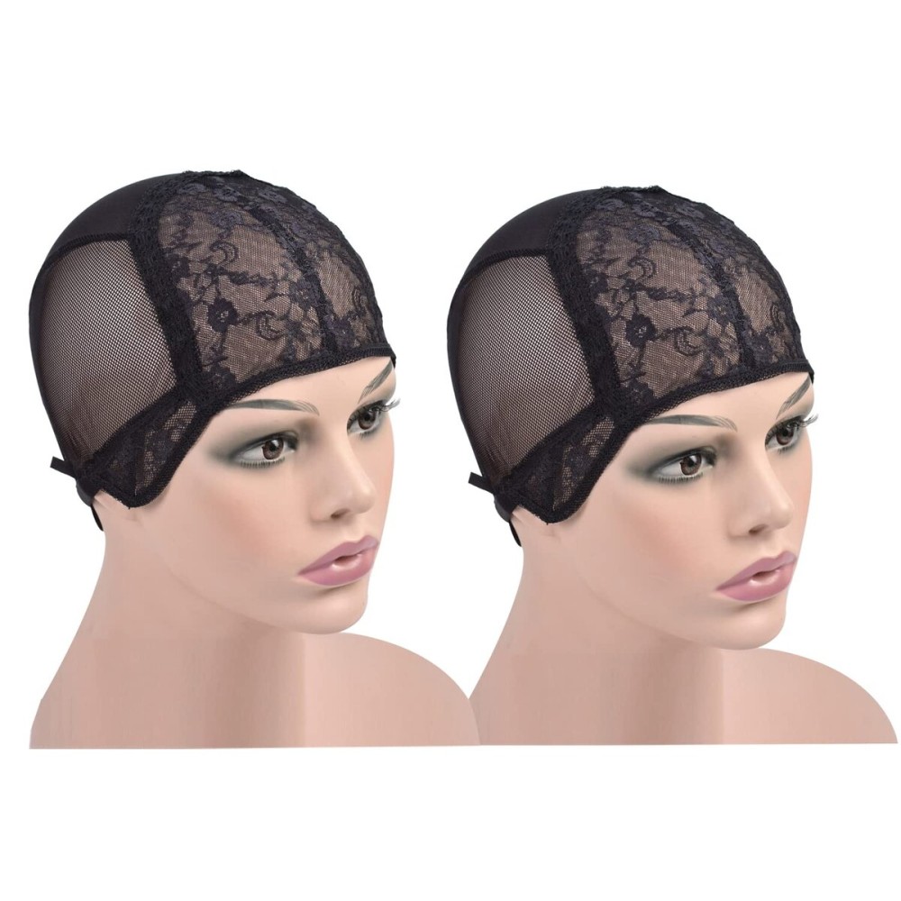 YTBYT 2 Pcs Black Double Lace Wig Caps with Adjustable Straps Swiss Lace Hairnet on the Back for Making Wig (Black M)