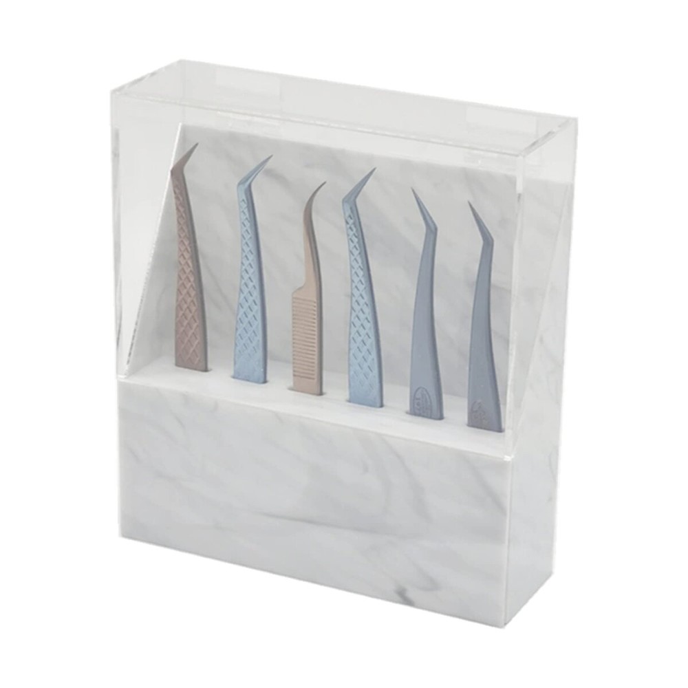 Tweezers Holder Shelf, Dust-proof Tweezer Stand, 6-Hole Acrylic Tweezers Display Stand, Storage Rack Eyelash Extension Box with Dust Cover for Salon (White Marble)