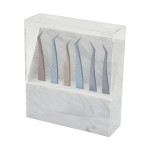 Tweezers Holder Shelf, Dust-proof Tweezer Stand, 6-Hole Acrylic Tweezers Display Stand, Storage Rack Eyelash Extension Box with Dust Cover for Salon (White Marble)
