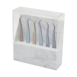 Tweezers Holder Shelf, Dust-proof Tweezer Stand, 6-Hole Acrylic Tweezers Display Stand, Storage Rack Eyelash Extension Box with Dust Cover for Salon (White Marble)