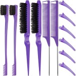 Remerry Nylon Hair Brush Set for Women & Girls, 12 Pieces Including 3 Row Salon Teasing Brushes, Double Sided Hair Edge Brush, Rat Tail Combs, Duckbill Clips - Purple