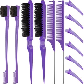 Remerry Nylon Hair Brush Set for Women & Girls, 12 Pieces Including 3 Row Salon Teasing Brushes, Double Sided Hair Edge Brush, Rat Tail Combs, Duckbill Clips - Purple