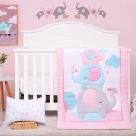 JISEN 3 Piece Crib Bedding Set Crib Quilt Crib Sheet Pillowcase - Soft Microfiber Printed Nursery Set for Baby Boys or Girls Pink Elephant