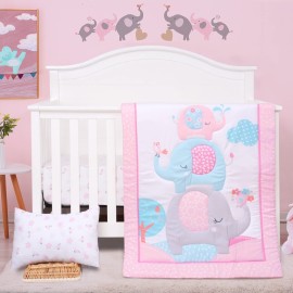 JISEN 3 Piece Crib Bedding Set Crib Quilt Crib Sheet Pillowcase - Soft Microfiber Printed Nursery Set for Baby Boys or Girls Pink Elephant