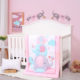 JISEN 3 Piece Crib Bedding Set Crib Quilt Crib Sheet Pillowcase - Soft Microfiber Printed Nursery Set for Baby Boys or Girls Pink Elephant