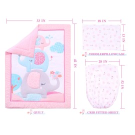 JISEN 3 Piece Crib Bedding Set Crib Quilt Crib Sheet Pillowcase - Soft Microfiber Printed Nursery Set for Baby Boys or Girls Pink Elephant