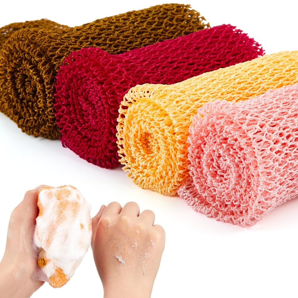 4 Pieces African Net Bath Sponge African Exfoliating Long Net Sponge Exfoliating Shower Body Scrubber Skin Smoother for Daily Use(Orange, Brown, Cream, Peach, 25.6 x 7.9 inch)