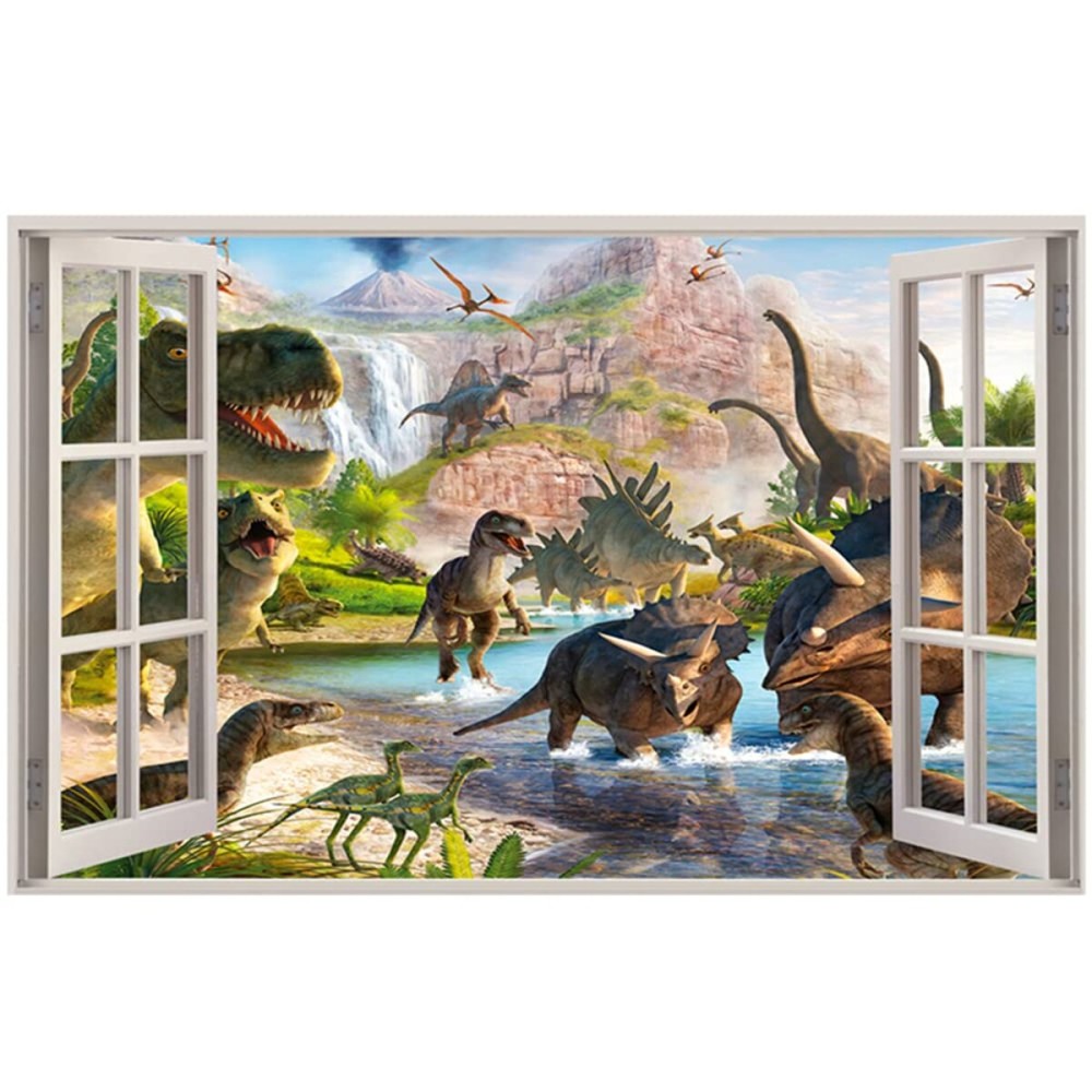 3D Watercolour Dinosaur World Fake Windows Wall Sticker,Peel and Stick Removable Decals for Kids Nursery Bedroom Playroom Living Room Decoration27.55x17.32