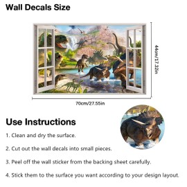 3D Watercolour Dinosaur World Fake Windows Wall Sticker,Peel and Stick Removable Decals for Kids Nursery Bedroom Playroom Living Room Decoration27.55x17.32