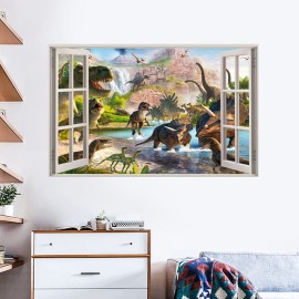 3D Watercolour Dinosaur World Fake Windows Wall Sticker,Peel and Stick Removable Decals for Kids Nursery Bedroom Playroom Living Room Decoration27.55x17.32