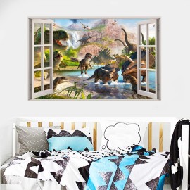 3D Watercolour Dinosaur World Fake Windows Wall Sticker,Peel and Stick Removable Decals for Kids Nursery Bedroom Playroom Living Room Decoration27.55x17.32