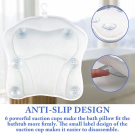 Bath Pillow for Tub Comfort Bathtub Pillow, Ergonomic Bath Pillows for Tub Neck and Back Support with 6 Suction Cups, Ultra-Soft 4D Air Mesh Design SPA Tub Bath Pillow for Women & Men