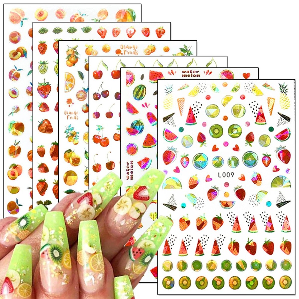 Fruits Nail Art Stickers 3D Self-Adhesive Nail Decals, Cherry Strawberry Watermelon Peach Orange Nail Sticker Decoration, Laser Glitter Nail Design for Women Girls Manicure Tips Nails Decal (6 Sheets)
