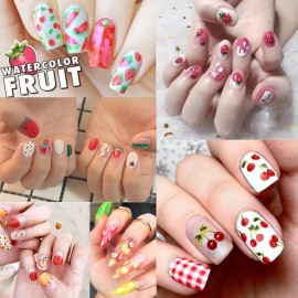 Fruits Nail Art Stickers 3D Self-Adhesive Nail Decals, Cherry Strawberry Watermelon Peach Orange Nail Sticker Decoration, Laser Glitter Nail Design for Women Girls Manicure Tips Nails Decal (6 Sheets)