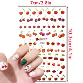 Fruits Nail Art Stickers 3D Self-Adhesive Nail Decals, Cherry Strawberry Watermelon Peach Orange Nail Sticker Decoration, Laser Glitter Nail Design for Women Girls Manicure Tips Nails Decal (6 Sheets)