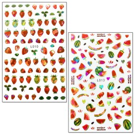 Fruits Nail Art Stickers 3D Self-Adhesive Nail Decals, Cherry Strawberry Watermelon Peach Orange Nail Sticker Decoration, Laser Glitter Nail Design for Women Girls Manicure Tips Nails Decal (6 Sheets)