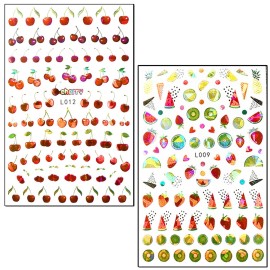Fruits Nail Art Stickers 3D Self-Adhesive Nail Decals, Cherry Strawberry Watermelon Peach Orange Nail Sticker Decoration, Laser Glitter Nail Design for Women Girls Manicure Tips Nails Decal (6 Sheets)