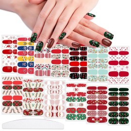WOKOTO Christmas Nail Polish Strips - 16 Sheets Full Nail Wraps With Santa Claus, Elk, Snowman, Christmas Tree Designs - Stick-On Nail Stickers for Women