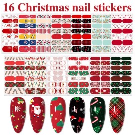 WOKOTO Christmas Nail Polish Strips - 16 Sheets Full Nail Wraps With Santa Claus, Elk, Snowman, Christmas Tree Designs - Stick-On Nail Stickers for Women