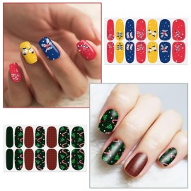 WOKOTO Christmas Nail Polish Strips - 16 Sheets Full Nail Wraps With Santa Claus, Elk, Snowman, Christmas Tree Designs - Stick-On Nail Stickers for Women