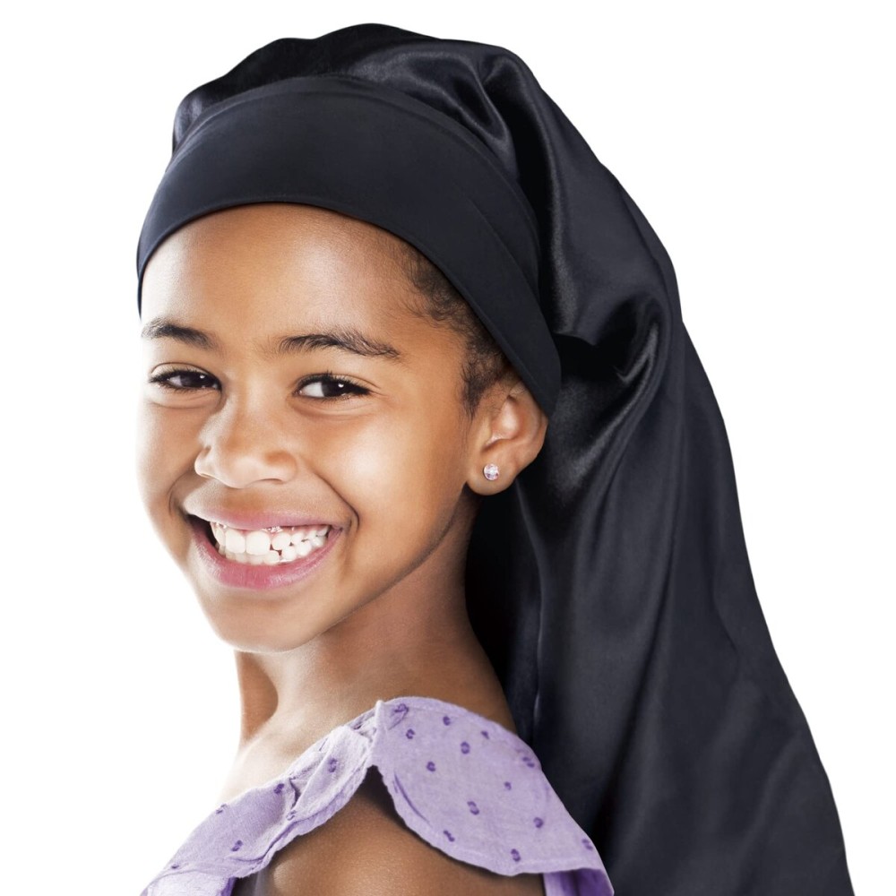 Red by Kiss Kids Satin Braid Bonnet, Comfy Wide Band for Long Hair, Long Braids (Black)