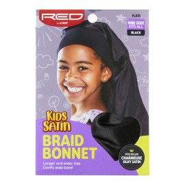Red by Kiss Kids Satin Braid Bonnet, Comfy Wide Band for Long Hair, Long Braids (Black)