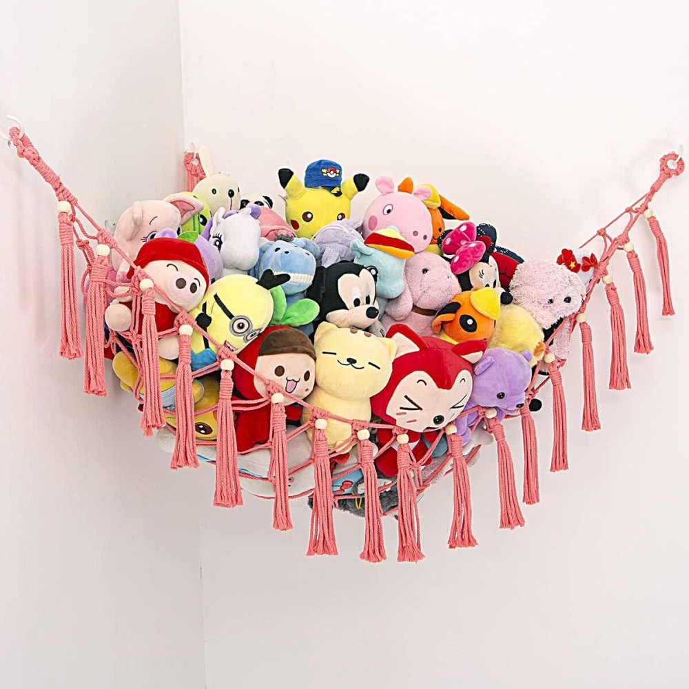 MAKEONEWO Stuffed Animal Toy Hammock Hanging-Handmade Large Pink Macrame Organizer Display Corner Plush Toys Net Holder for Boho Girl Nursery Playroom Bedroom Kids Room Storage, 1 Pack