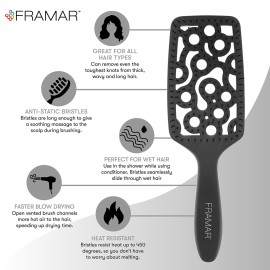 FRAMAR Professional Vented Hair Brush - Curved Hair Brush For Blow Drying, Wet Paddle Brush For Hair, Vent Brush For Blow Drying, Wet Hairbrush For Women - Heat Resistant - Black