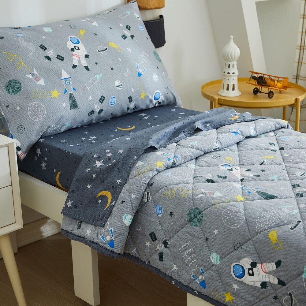 Brandream 4-Piece Toddler Bedding Sets for Boys Space Rocket Galaxy Bed Sheet Set Girls Includes Comforter, Top Flat Sheet, Fitted Sheets and Pillowcases, Cotton