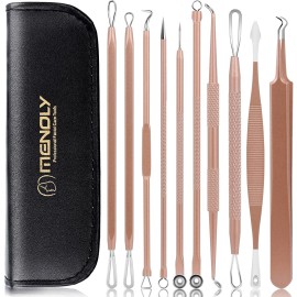 Pimple Popper Tool Kit, MENOLY 10 Pcs Blackhead Remover Comedone Extractor Acne Removal Kit for Blemish, Whitehead Popping,Zit Removing for Nose Face Tools with a Leather Bag (Rose Gold)
