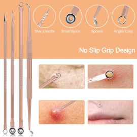 Pimple Popper Tool Kit, MENOLY 10 Pcs Blackhead Remover Comedone Extractor Acne Removal Kit for Blemish, Whitehead Popping,Zit Removing for Nose Face Tools with a Leather Bag (Rose Gold)