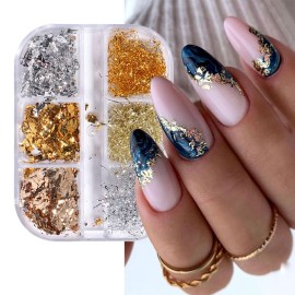 Eseres Nail Foil 3D Sparking Gold Flakes for Nails 6 Grids Metallic Nail Glitter for Nail Art Design