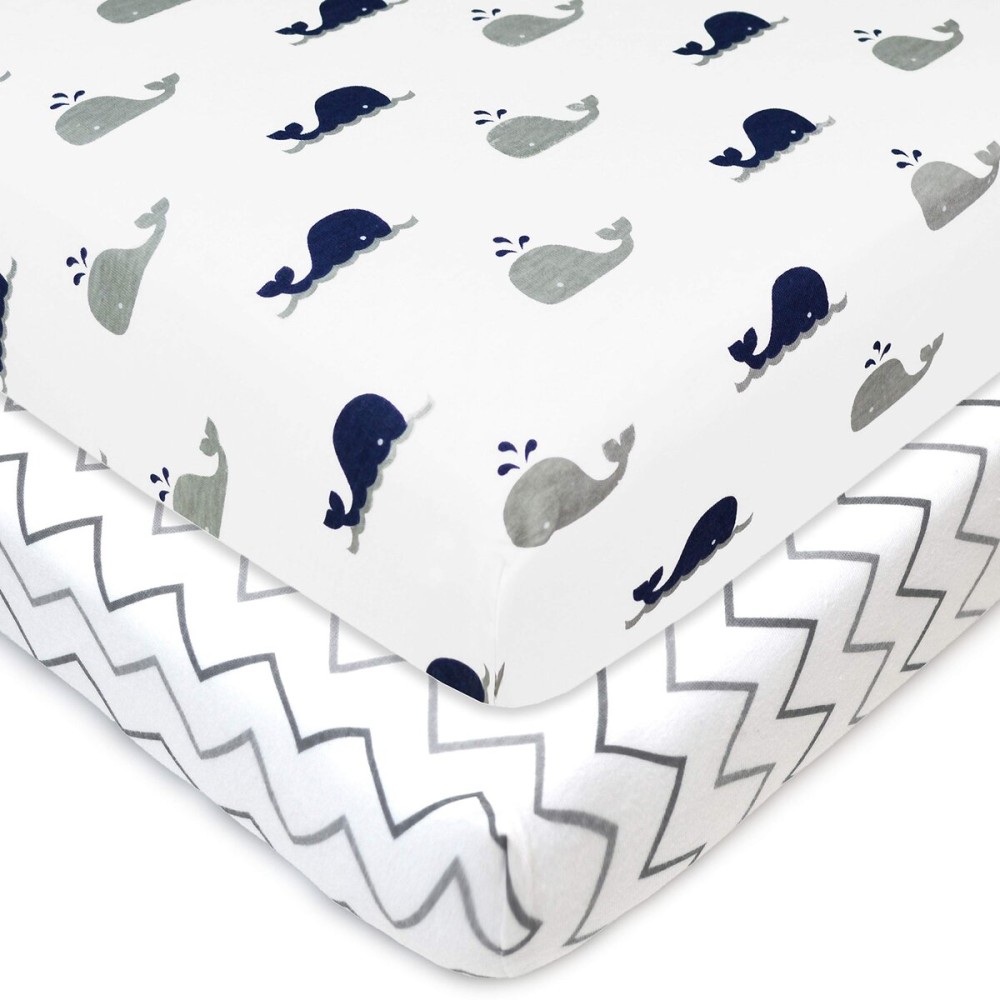 TL Care 2 Pack 100% Natural Cotton Fitted Mini Crib Sheets 38 x 24 - Soft & Breathable Small Nesting Portable Sheets, Fits Pack N Play Mattresses, Navy Whale/Gray Zigzag, for Boys & Girls