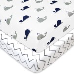 TL Care 2 Pack 100% Natural Cotton Fitted Mini Crib Sheets 38 x 24 - Soft & Breathable Small Nesting Portable Sheets, Fits Pack N Play Mattresses, Navy Whale/Gray Zigzag, for Boys & Girls