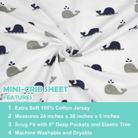 TL Care 2 Pack 100% Natural Cotton Fitted Mini Crib Sheets 38 x 24 - Soft & Breathable Small Nesting Portable Sheets, Fits Pack N Play Mattresses, Navy Whale/Gray Zigzag, for Boys & Girls
