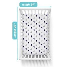 TL Care 2 Pack 100% Natural Cotton Fitted Mini Crib Sheets 38 x 24 - Soft & Breathable Small Nesting Portable Sheets, Fits Pack N Play Mattresses, Navy Whale/Gray Zigzag, for Boys & Girls