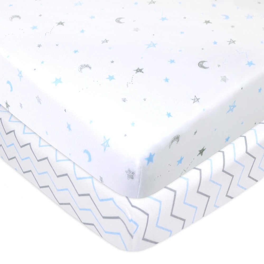 TL Care 2 Pack 100% Natural Cotton Fitted Mini Crib Sheets 38 x 24 - Soft & Breathable Small Nesting Portable Sheets, Fits Pack N Play Mattresses, Blue Stars/Zigzag, for Boys & Girls