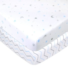 TL Care 2 Pack 100% Natural Cotton Fitted Mini Crib Sheets 38 x 24 - Soft & Breathable Small Nesting Portable Sheets, Fits Pack N Play Mattresses, Blue Stars/Zigzag, for Boys & Girls