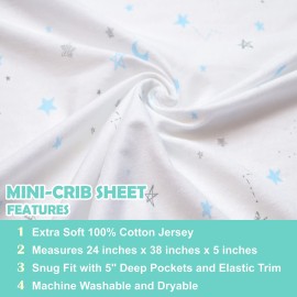 TL Care 2 Pack 100% Natural Cotton Fitted Mini Crib Sheets 38 x 24 - Soft & Breathable Small Nesting Portable Sheets, Fits Pack N Play Mattresses, Blue Stars/Zigzag, for Boys & Girls