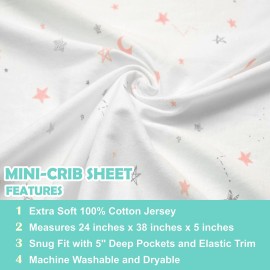 TL Care 2 Pack 100% Natural Cotton Fitted Mini Crib Sheets 38 x 24 - Soft & Breathable Small Nesting Portable Sheets, Fits Pack N Play Mattresses, Pink Stars/Zigzag, for Boys & Girls