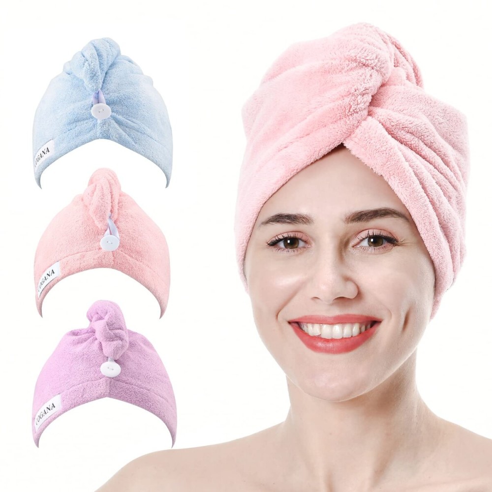 COGANA Ultra Soft 3Pack Microfiber Hair Towel for Women Quick Dry Towel Twist Super Absorbent Microfiber Hair Drying Towel Wraps for Curly Hair Anti Frizz Hair Turbans(Blue,Pink,Purple 10Wx28L)