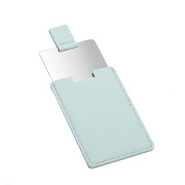 1 Piece Square Stainless Steel Handheld Compact Pocket Mirror with PU Leather Case Travel Tiny Wallet Mirror Plate for Makeup (Lake Blue)