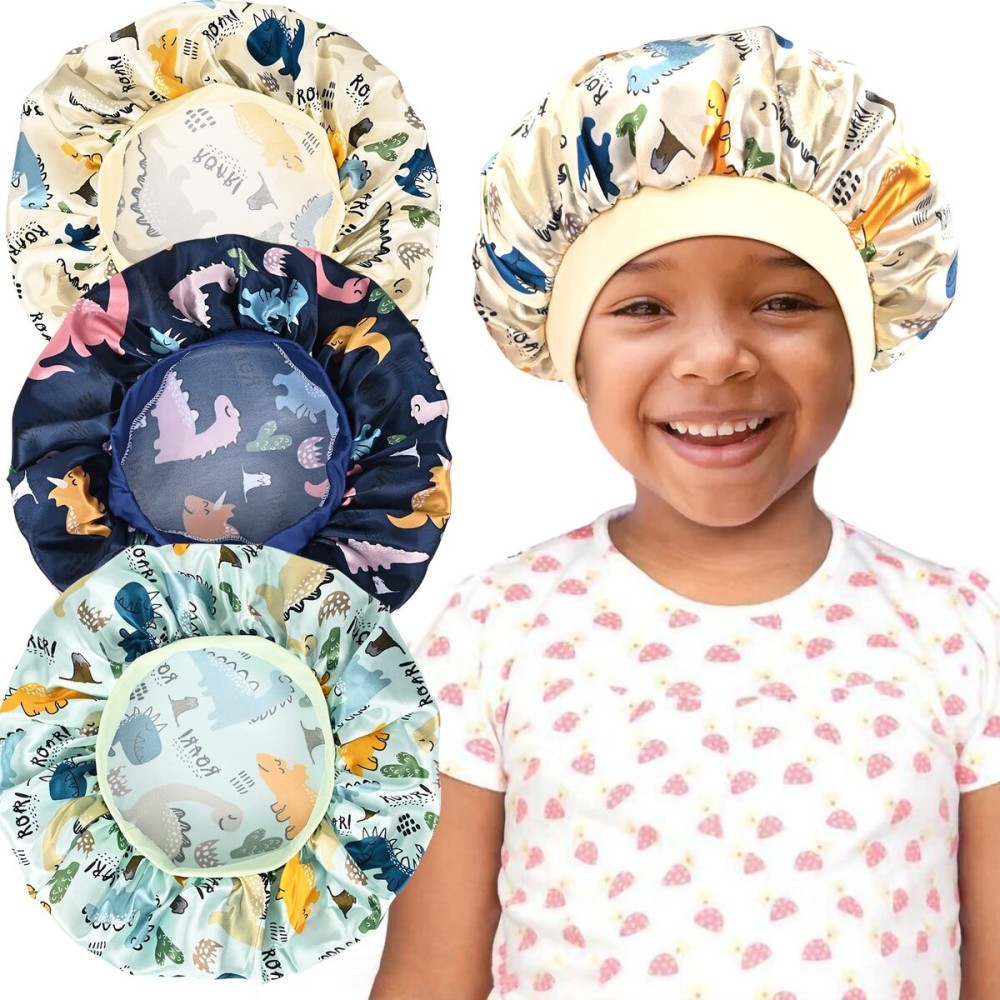 3 Pieces Kids Satin Bonnet Dinosaur Wide Elastic Band Sleeping Cap Soft Silk Double Layer Night Hair Hats for Teens Toddler Child Baby